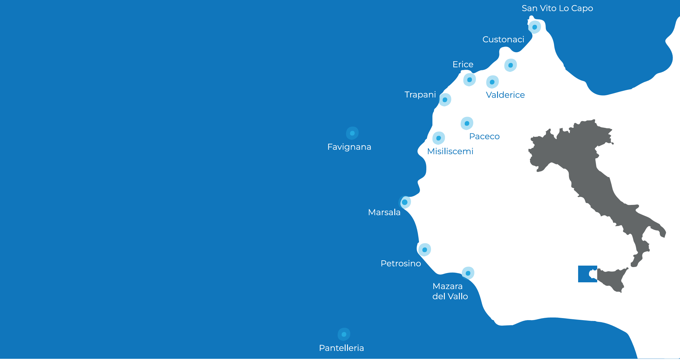 Mappa illustrata dei comuni del territorio: Custonaci, Erice, Favignana, Marsala, Mazara del Vallo, Misiliscemi, Paceco, Pantelleria, Petrosino, San Vito Lo Capo, Trapani, Valderice