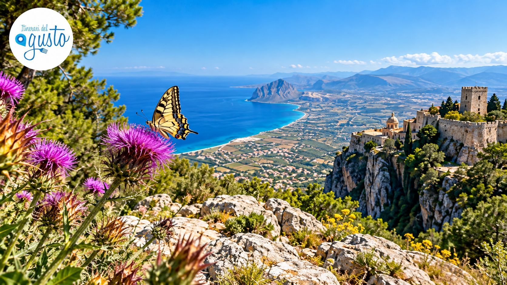 Panorama sul golfo e su Erice dal sentiero, con una farfalla tra i cardi in fiore, nella Sicilia occidentale